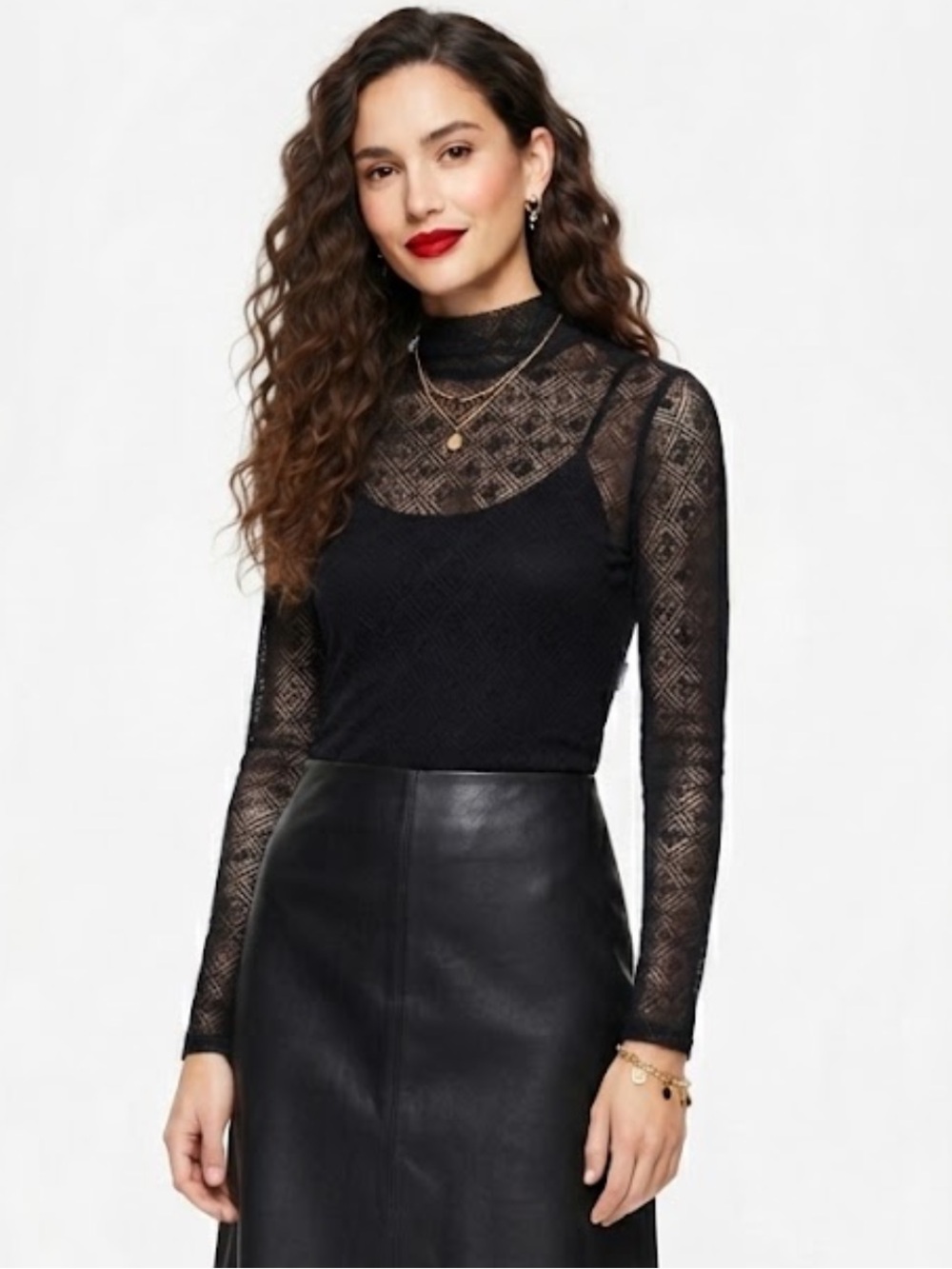Free People Intimately Black Sheer Lace Geometric Mock Neck Long Sleeve Top S